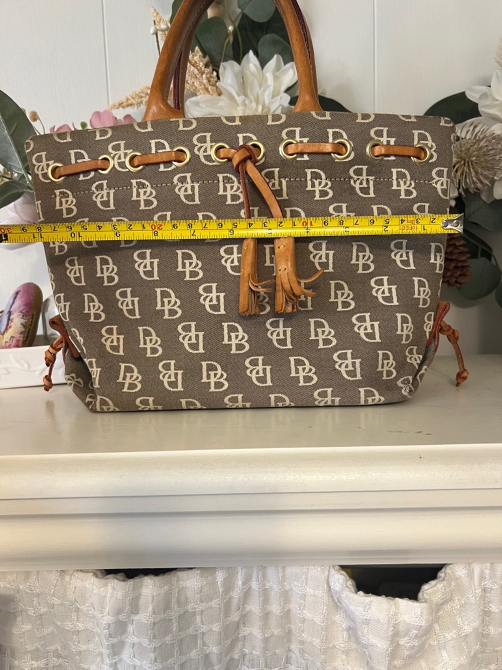 Dooney & Bourke Vintage Monogram Drawstring Bucket Tote with Leather Trim - Picture 14 of 15